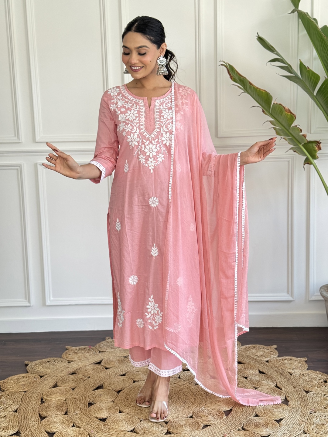 

KALINI Floral Embroidered Notch Neck Pure Cotton Straight Kurta With Trousers & Dupatta, Peach