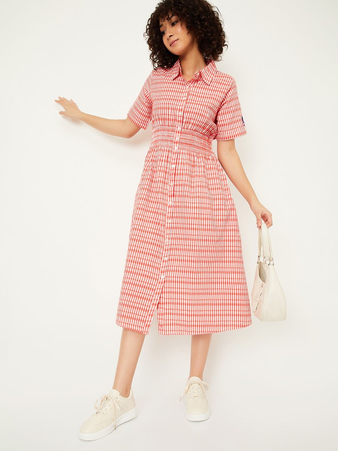 

max Checked Cotton Shirt Midi Dress, Pink