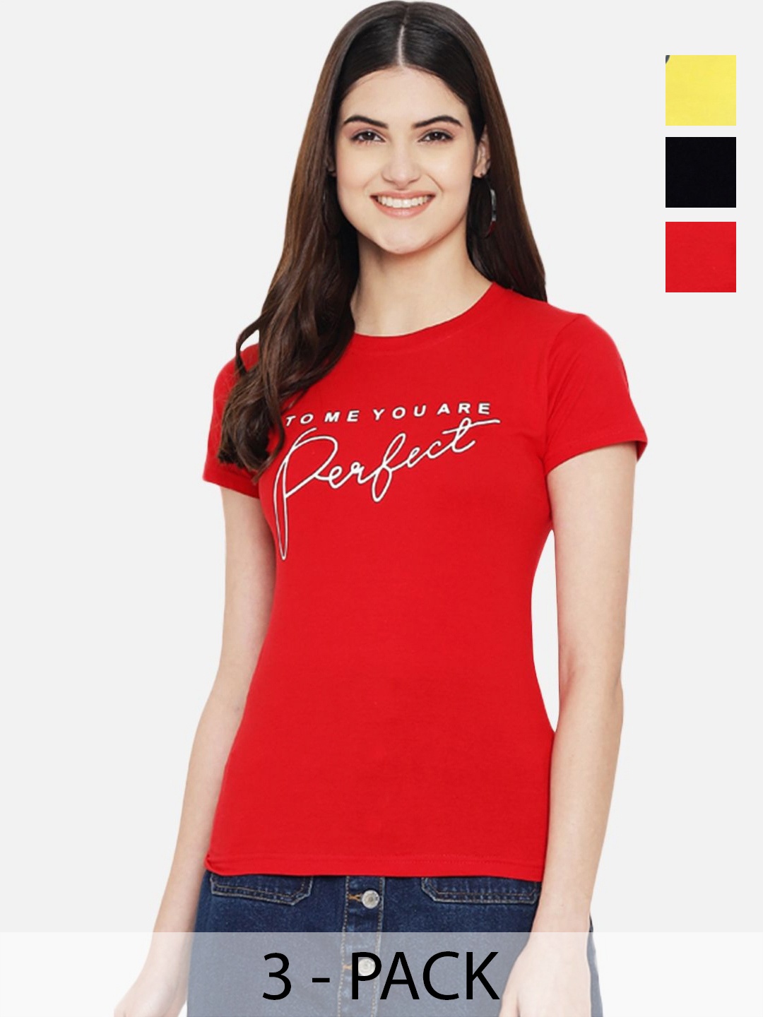 

Dreambe Women Pack Of 3 Typography Printed Round Neck Cotton T-shirts, Red