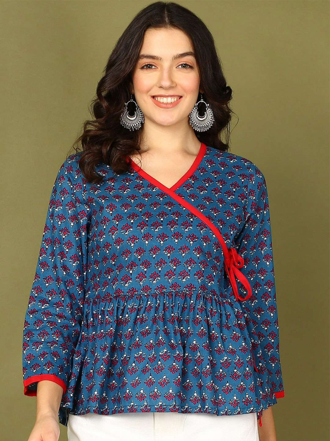 

DressBerry Floral Printed Cotton Peplum Top, Blue