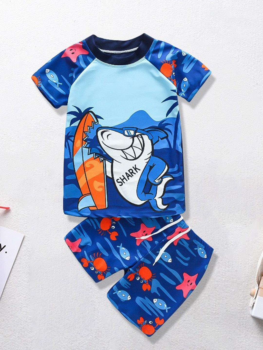 

YK Girls Printed Short Sleeves Round Neck Swim Set, Blue
