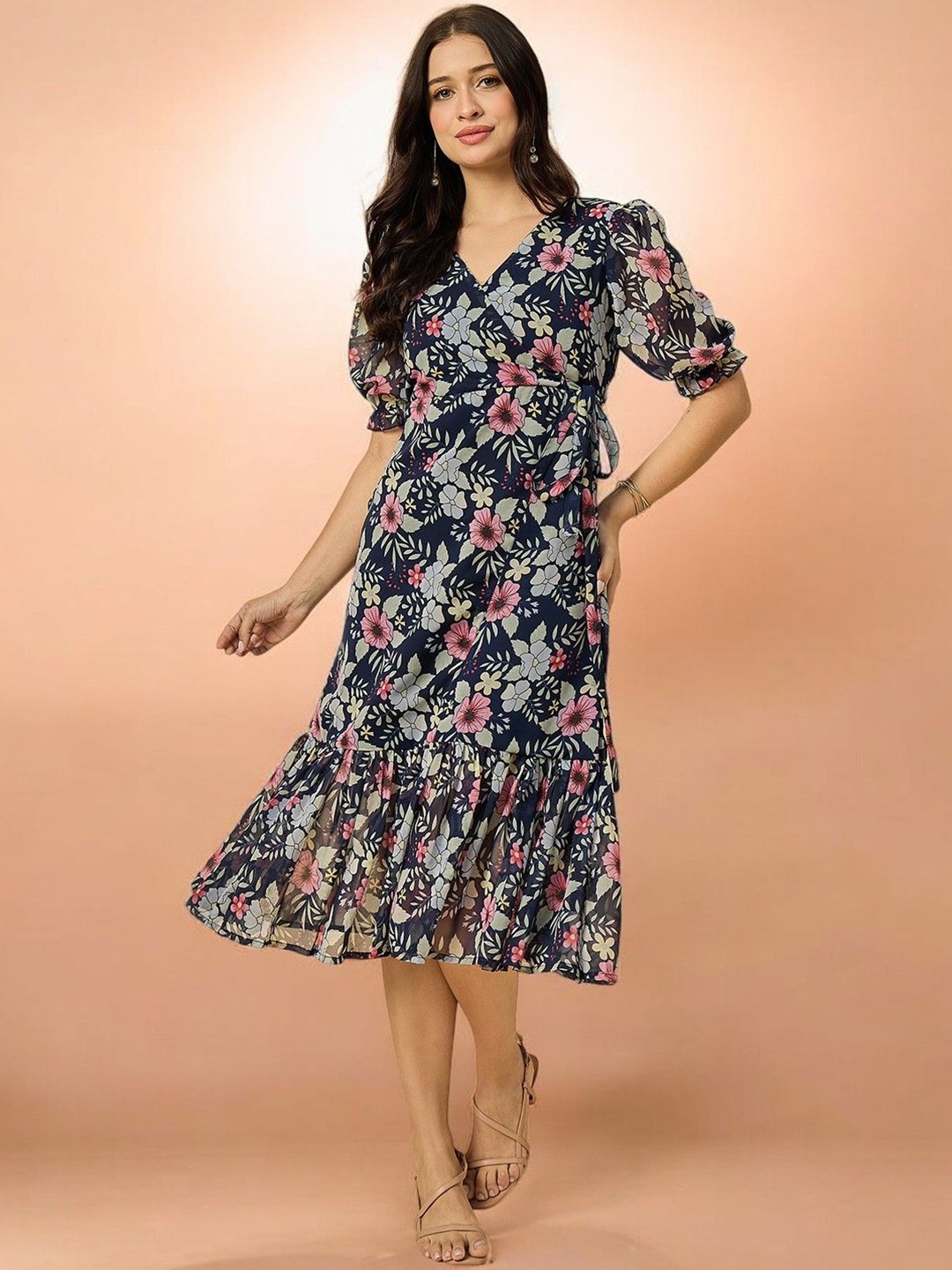 

Azira Floral Printed Puff Sleeve Georgette Wrap Midi Dress, Blue