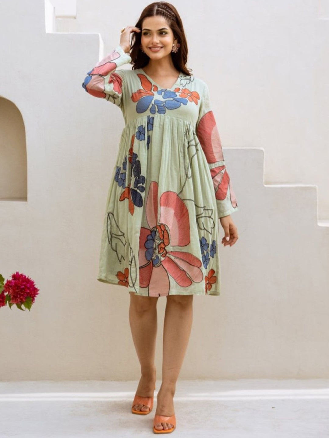 

AUTUMN LANE Floral Print Cotton Empire Dress, Green