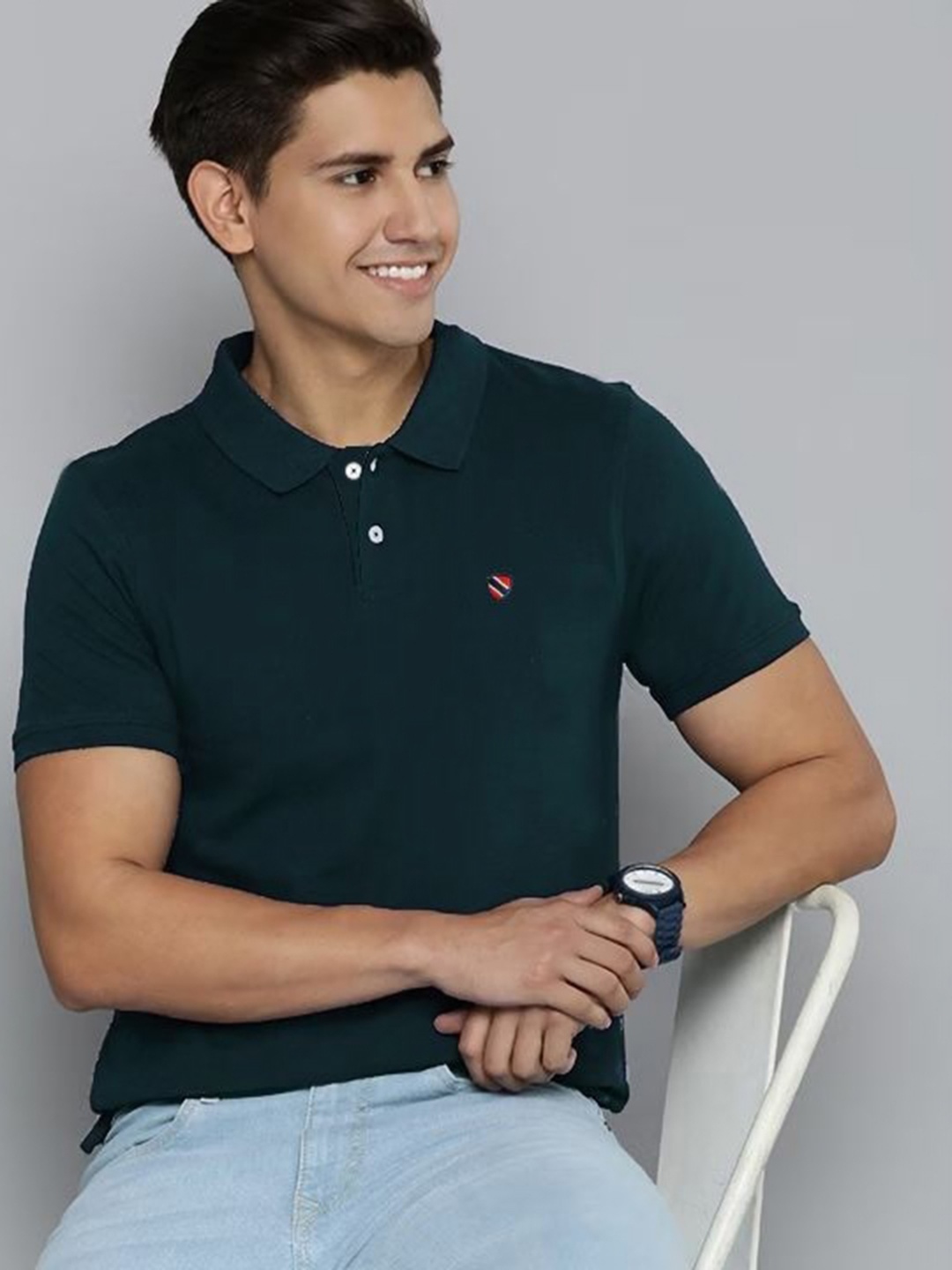 

MERRIMENT Men Solid Polo Collar Cotton T-shirt, Teal