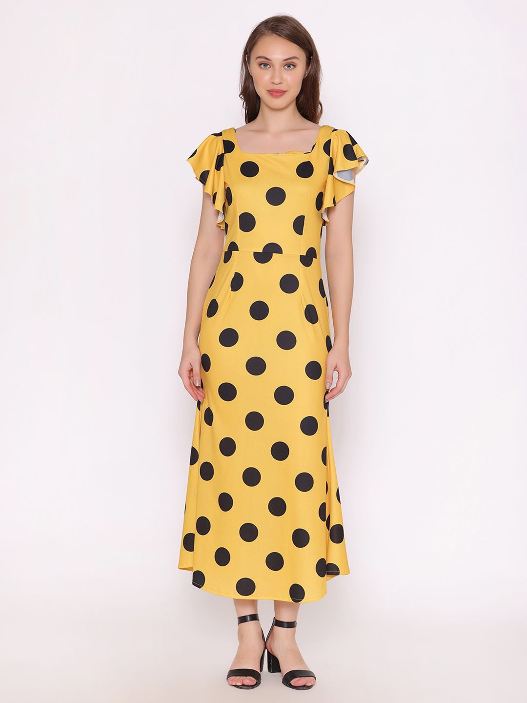 

DressBerry Polka Dot Print Flutter Sleeve Maxi Dress, Yellow