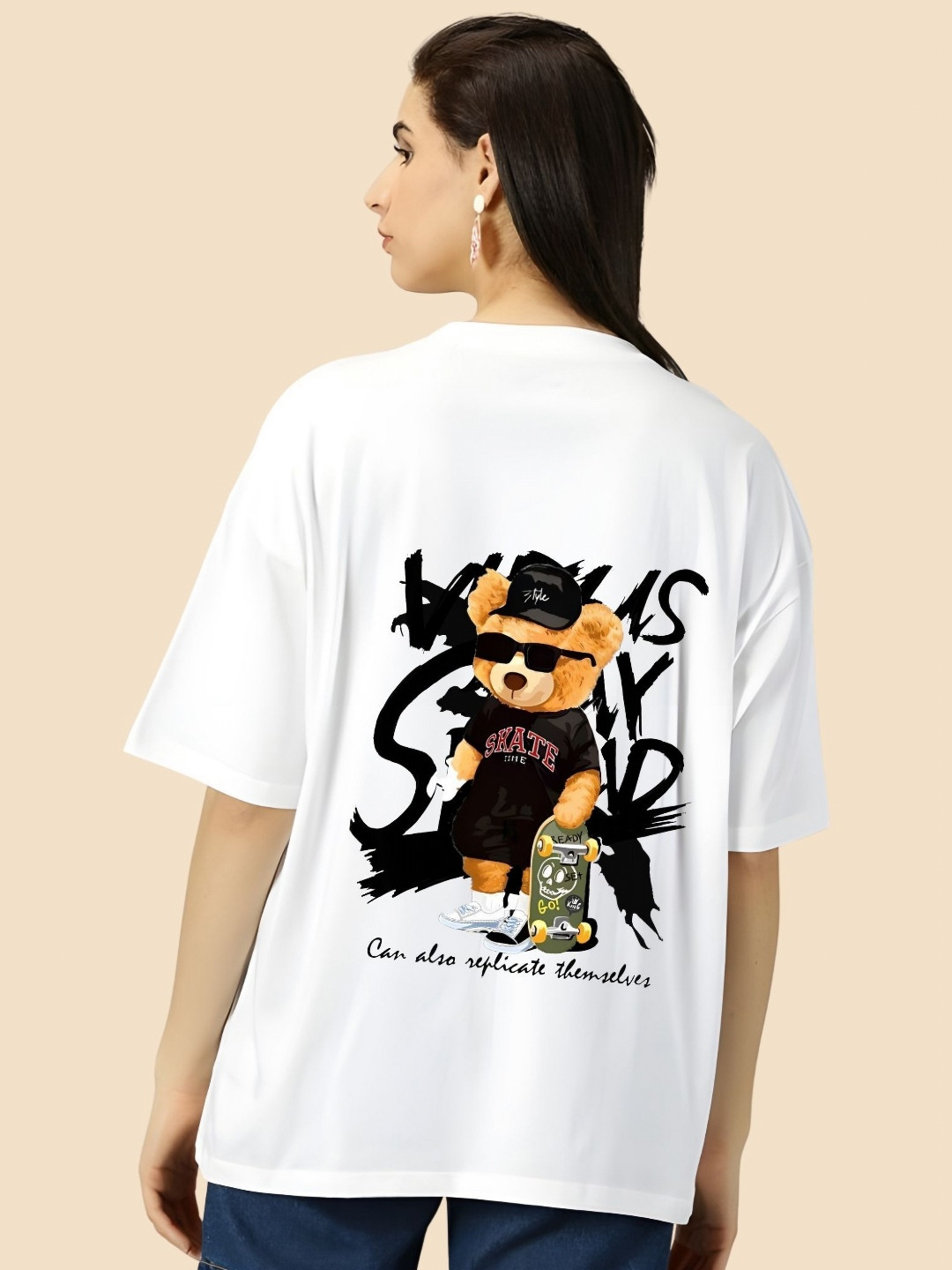 

SZN Women Graphic Printed Round Neck Cotton Oversized T-shirt, White