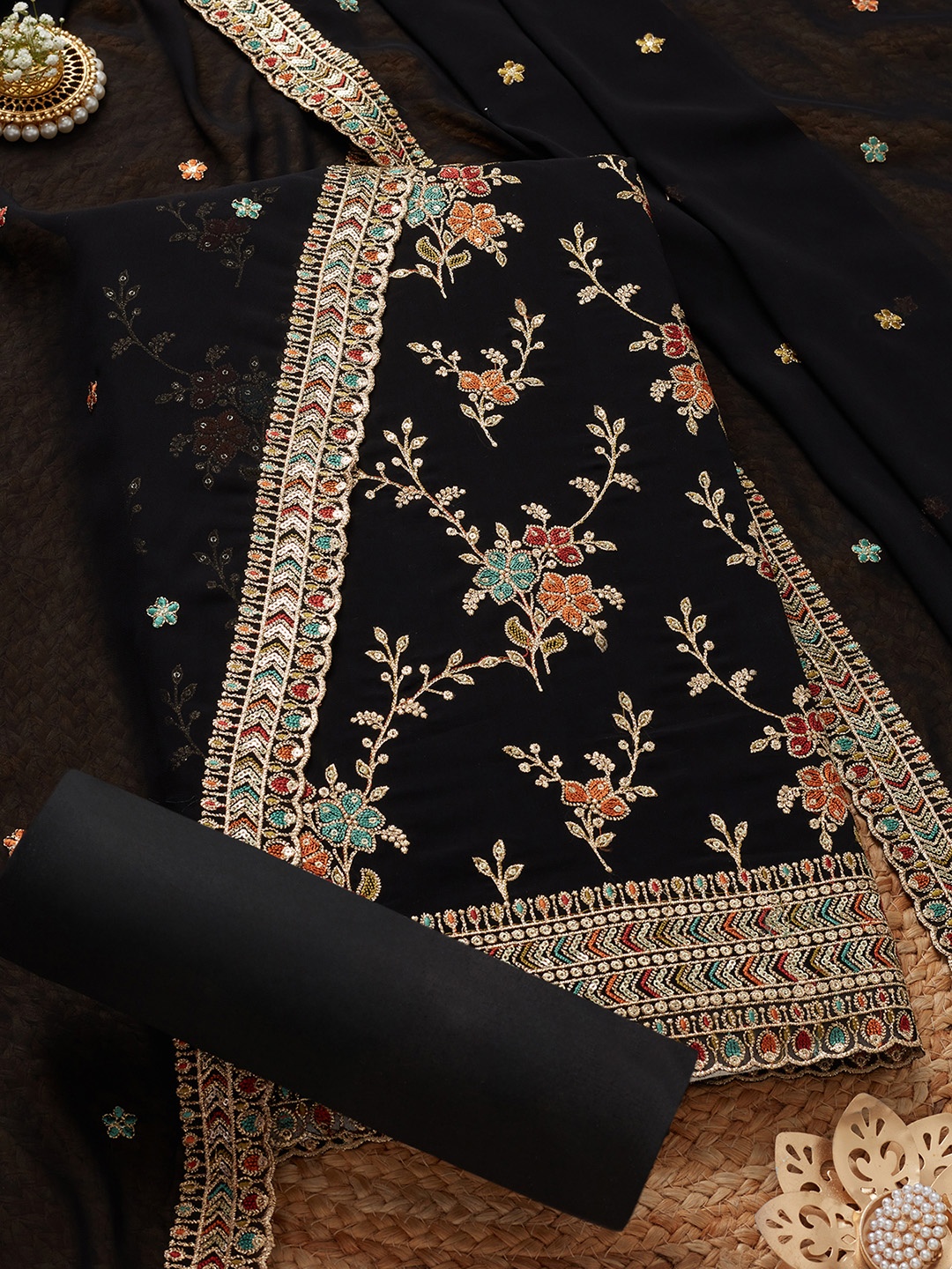 

Soch Floral Zari Embroidered Sequinned Unstitched Dress Material, Black