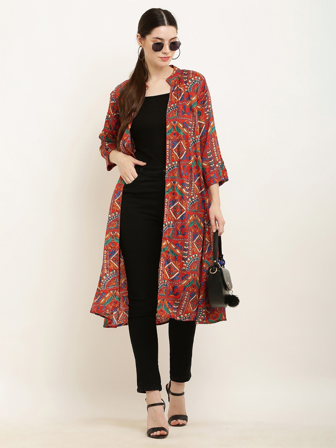 

ARJ FASHION Ethnic Motifs Printed Longline Open Front Shrug, Red