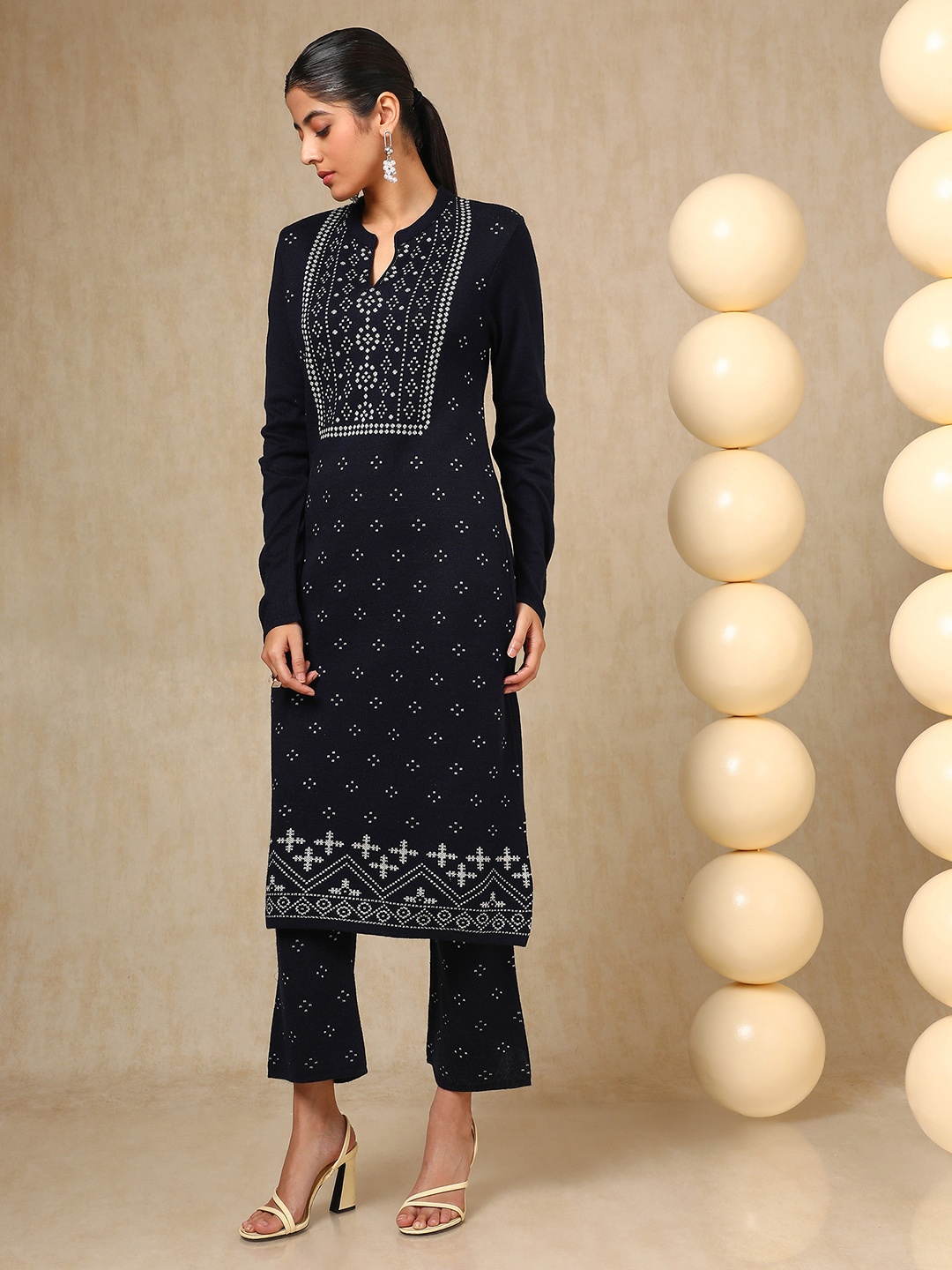 

Soch Navy Blue Floral Woven Design Mandarin Collar Acrylic Straight Kurta With Trouser