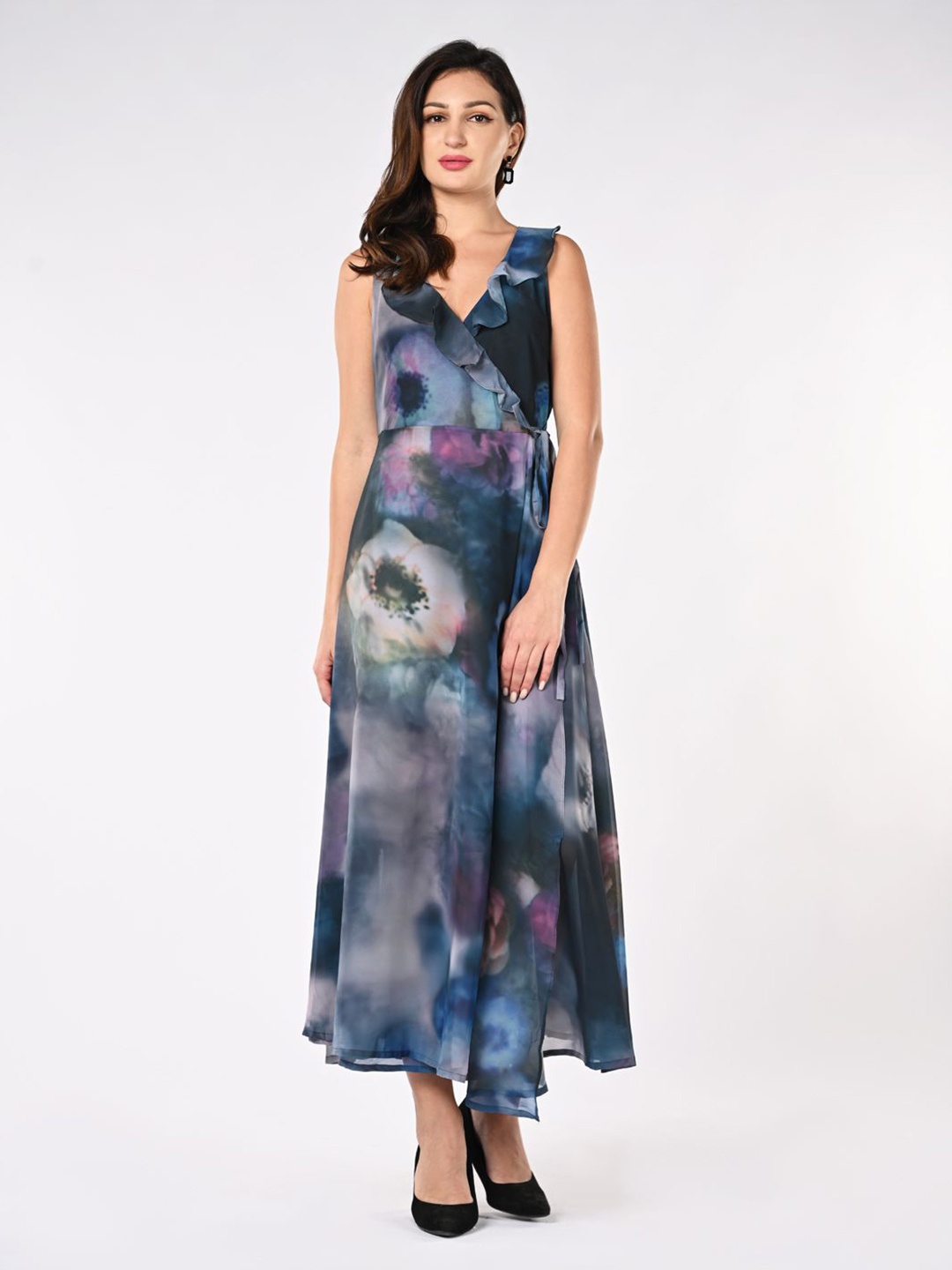 

Iti Floral Printed Ruffles Detailed Maxi length Wrap Dress, Blue