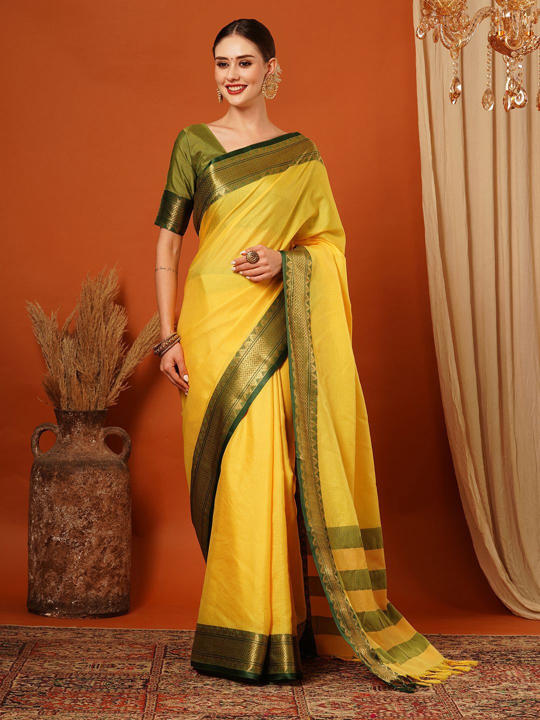 

DIVASTRI Zari Pure Silk Mysore Silk Saree, Lime green