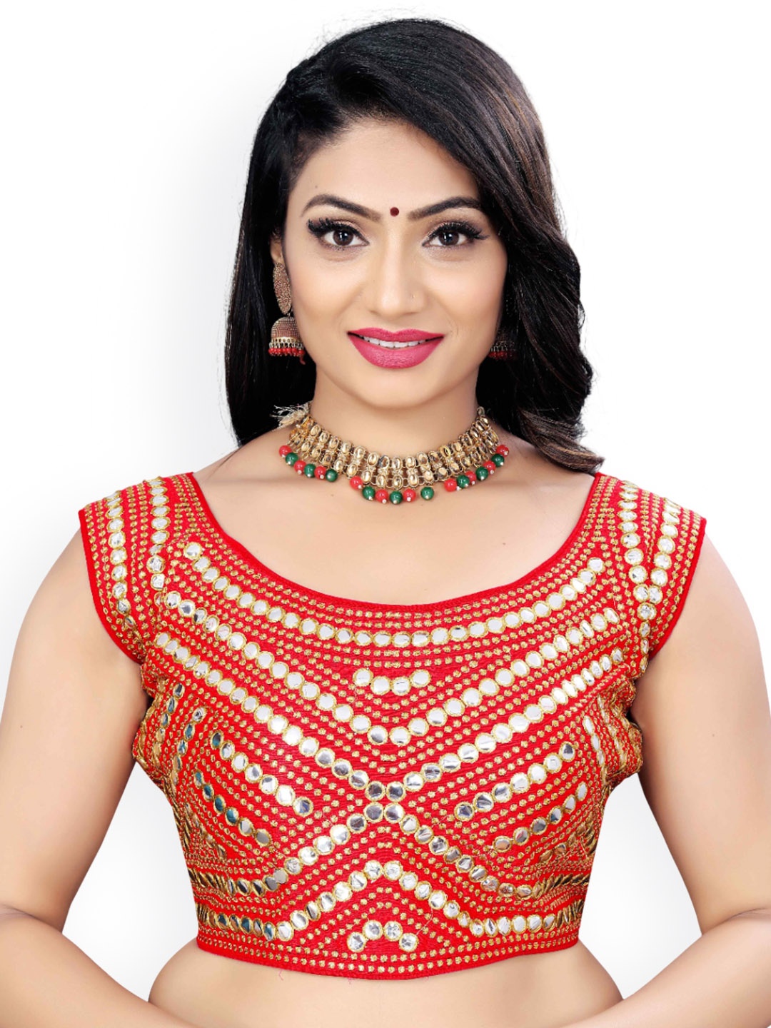 

HERE&NOW Embroidered Round Neck Saree Blouse, Red