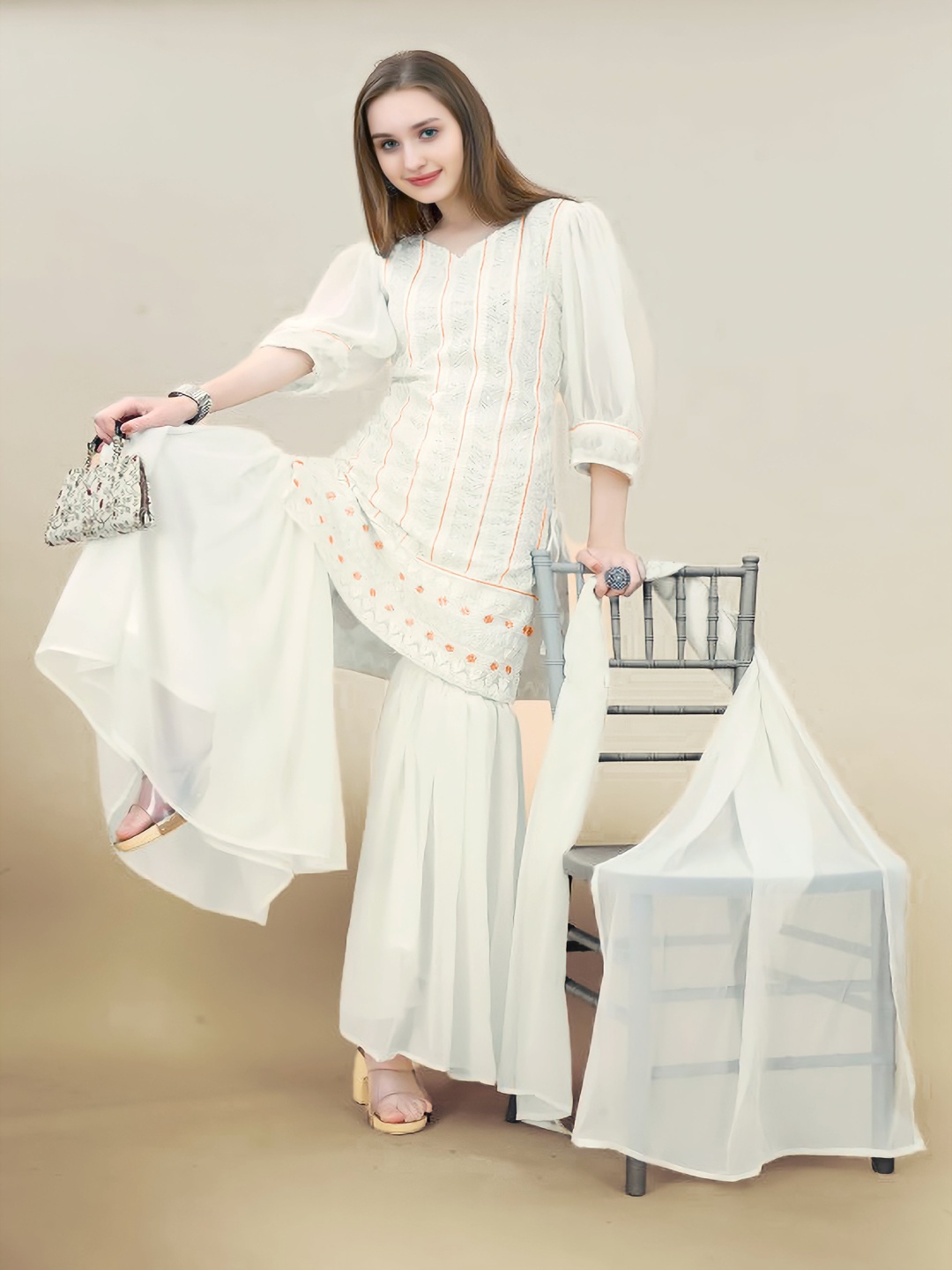

SANCIA V-Neck Embroidered Sequinned Georgette Straight Kurta With Sharara And Dupatta, White