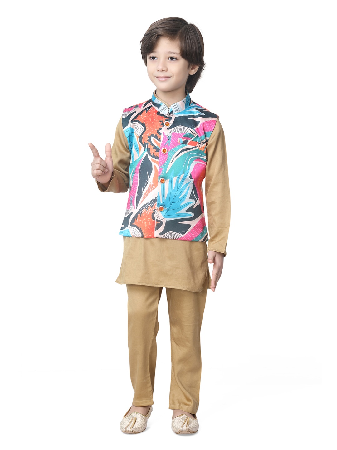 

earth conscious Boys Organic Cotton Straight Kurta With Pyjamas & Nehru Jacket, Beige