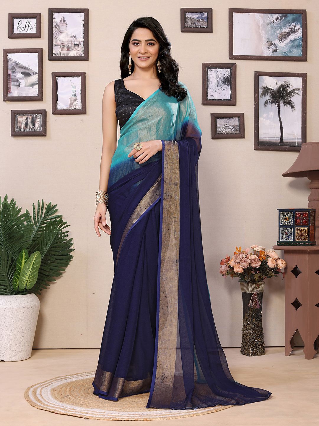 

DIVASTRI Colourblocked Zari Poly Chiffon Ready to Wear Saree, Blue