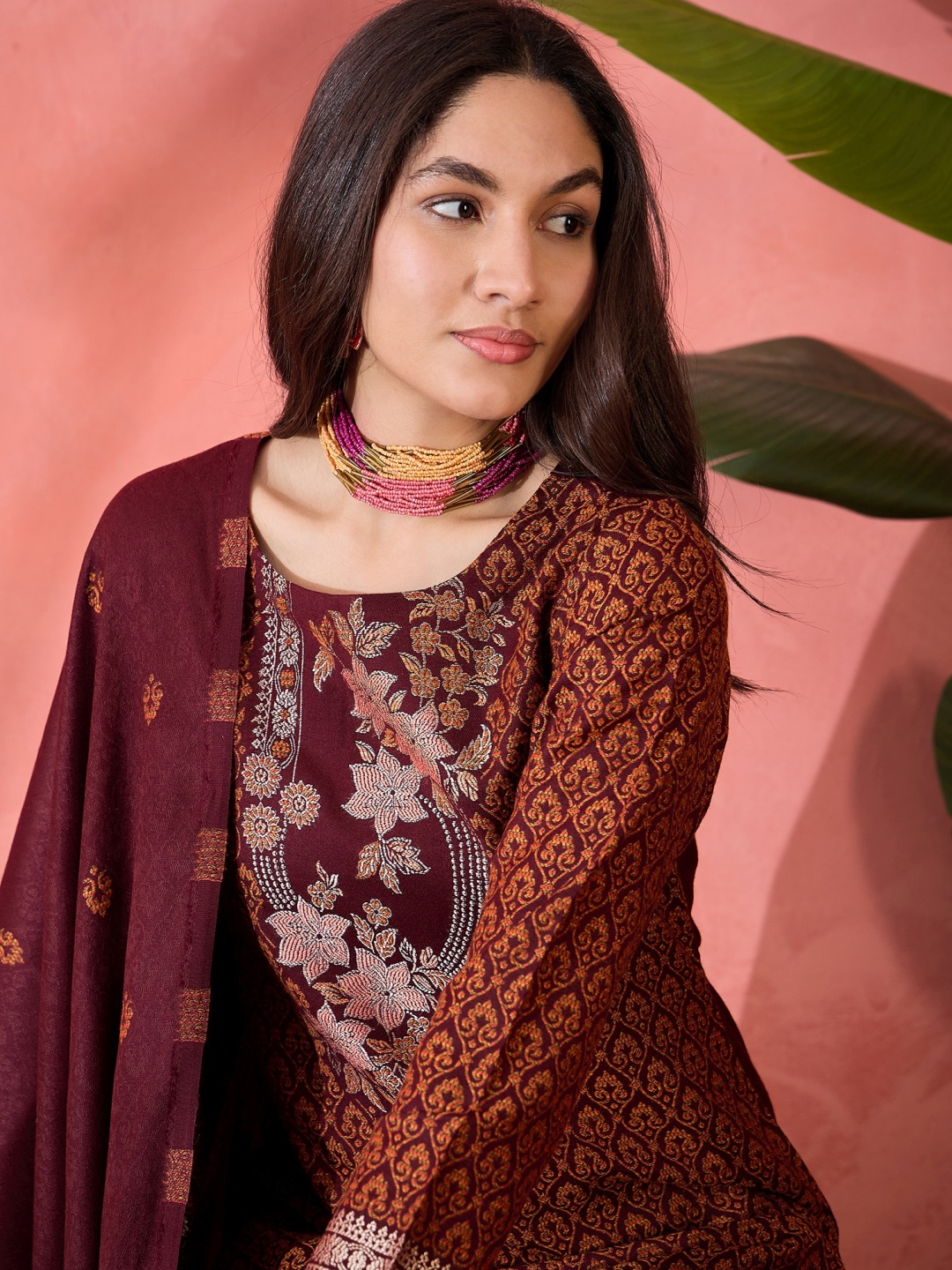 

Sangria Maroon Ethnic Motifs Printed Pashmina Straight Kurta With Trousers And Dupatta