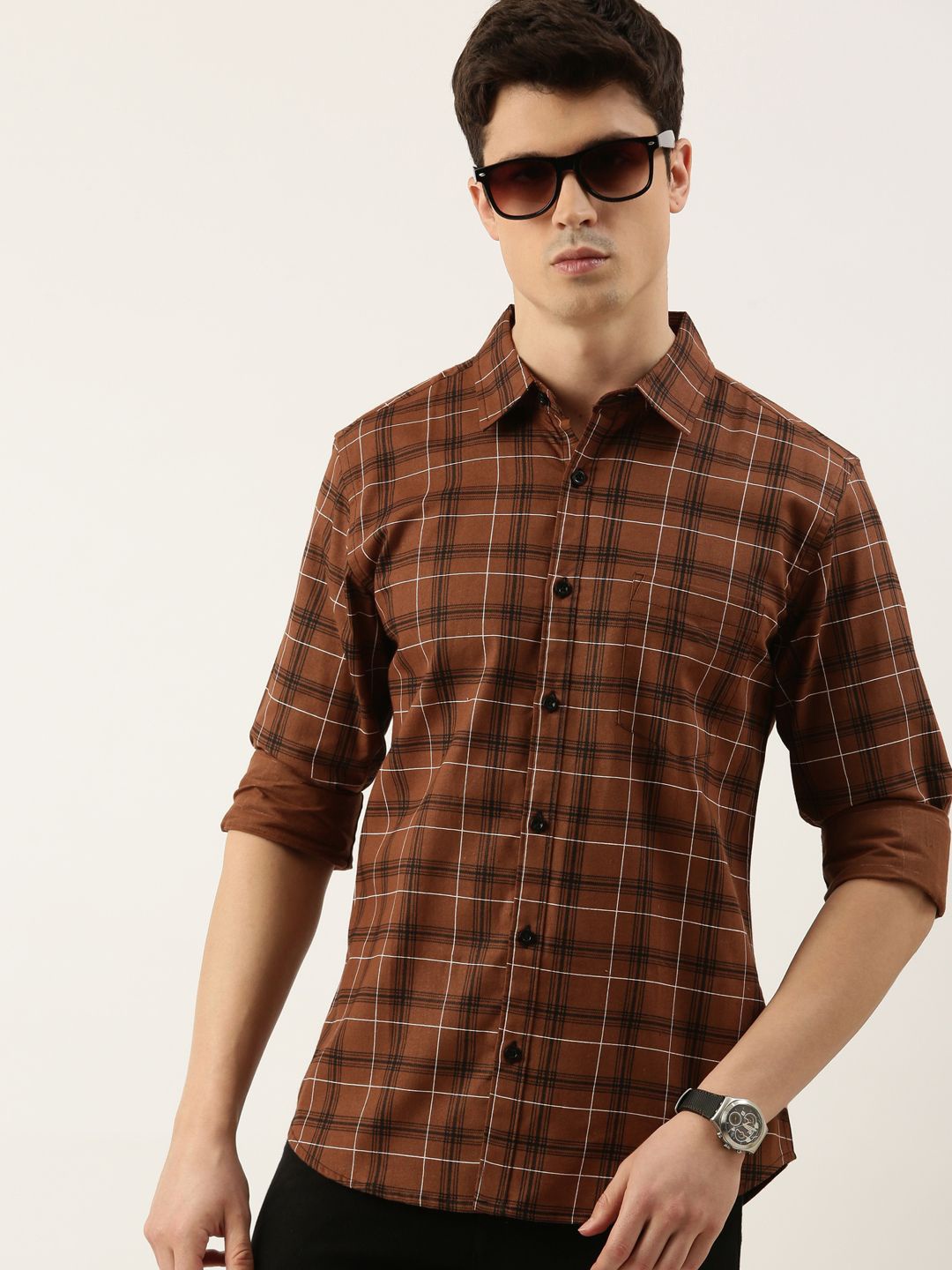 

Metronaut Men Spread Collar Tartan Checked Cotton Casual Shirt, Brown
