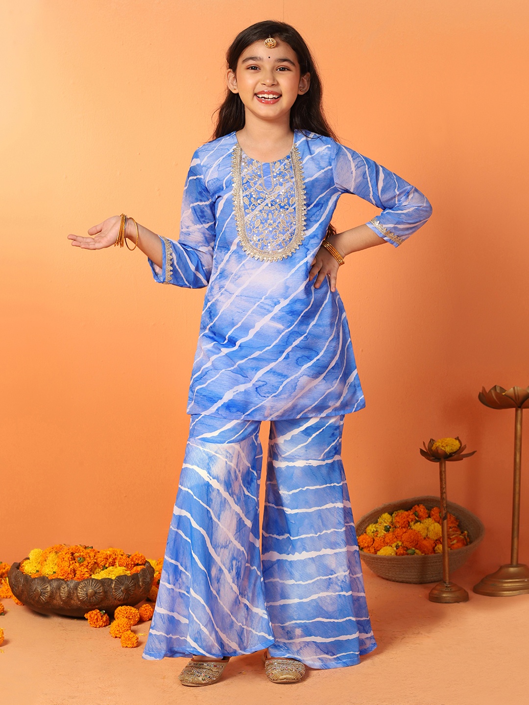 

Sangria Girls Blue Leheriya Printed Sequinned Georgette Straight Kurta With Sharara