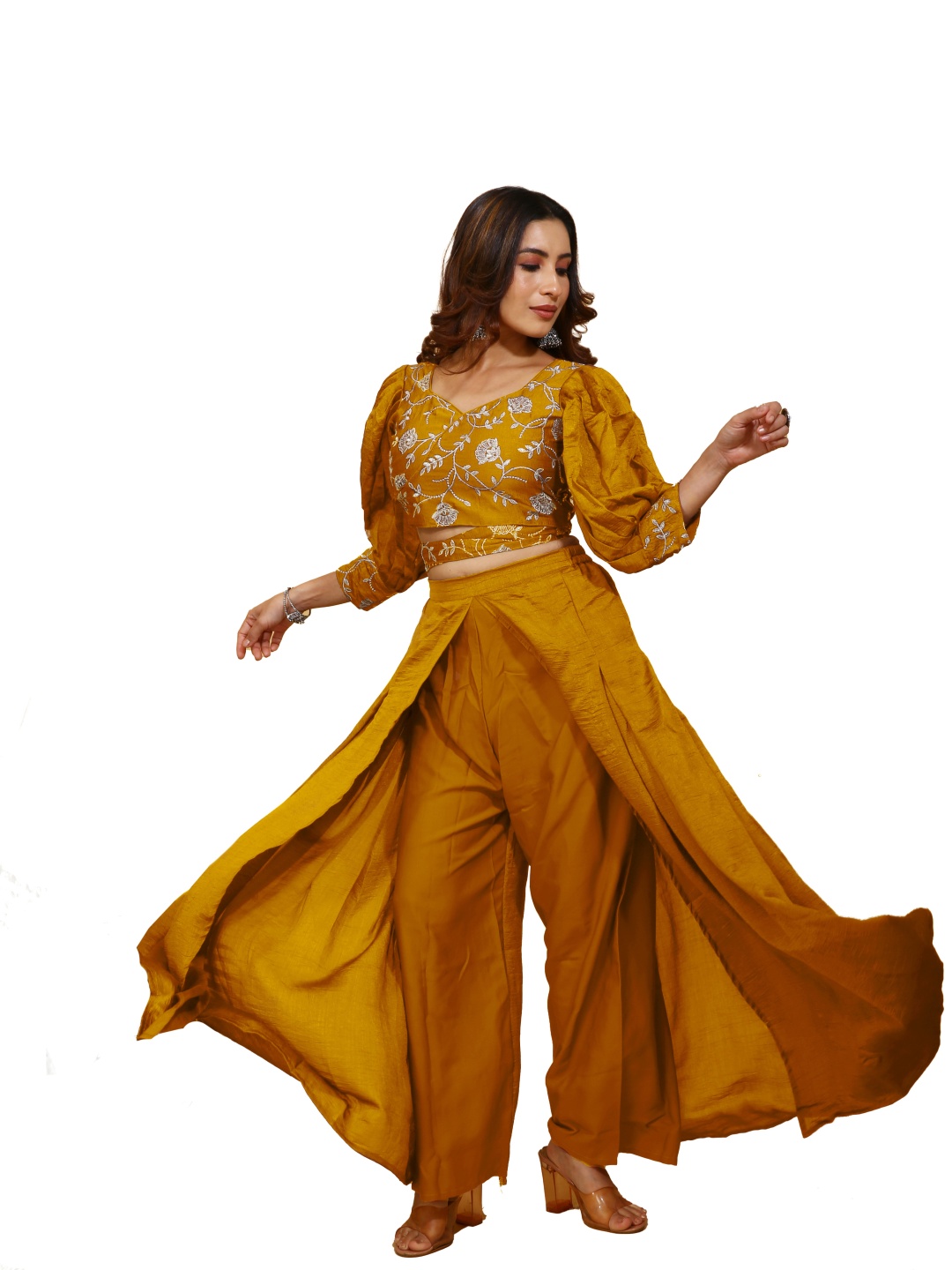 

SANCIA Embroidered Puff Sleeves Crop Top With Palazzo, Yellow