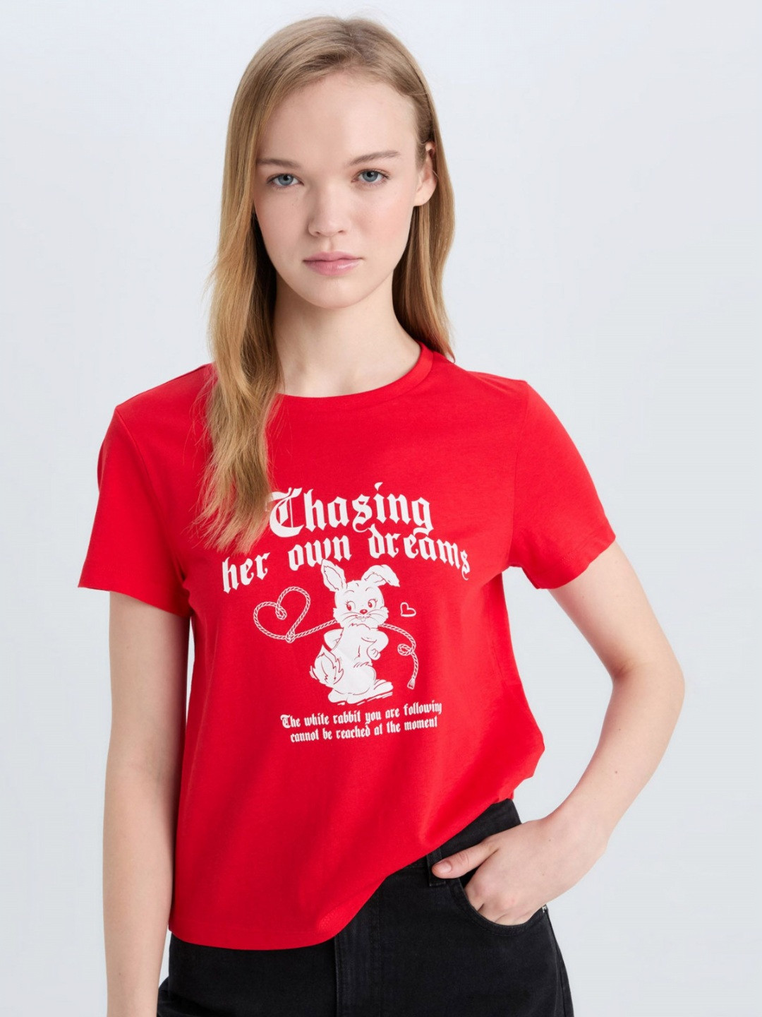 

DeFacto Women Typography Printed Round Neck Cotton T-shirt, Red