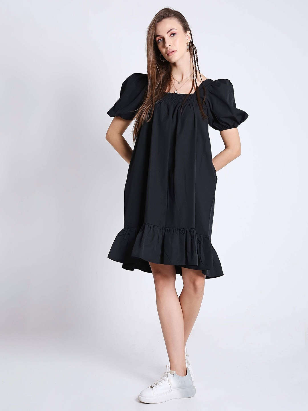 

French Theory Puff Sleeve A-Line Midi Dress, Black