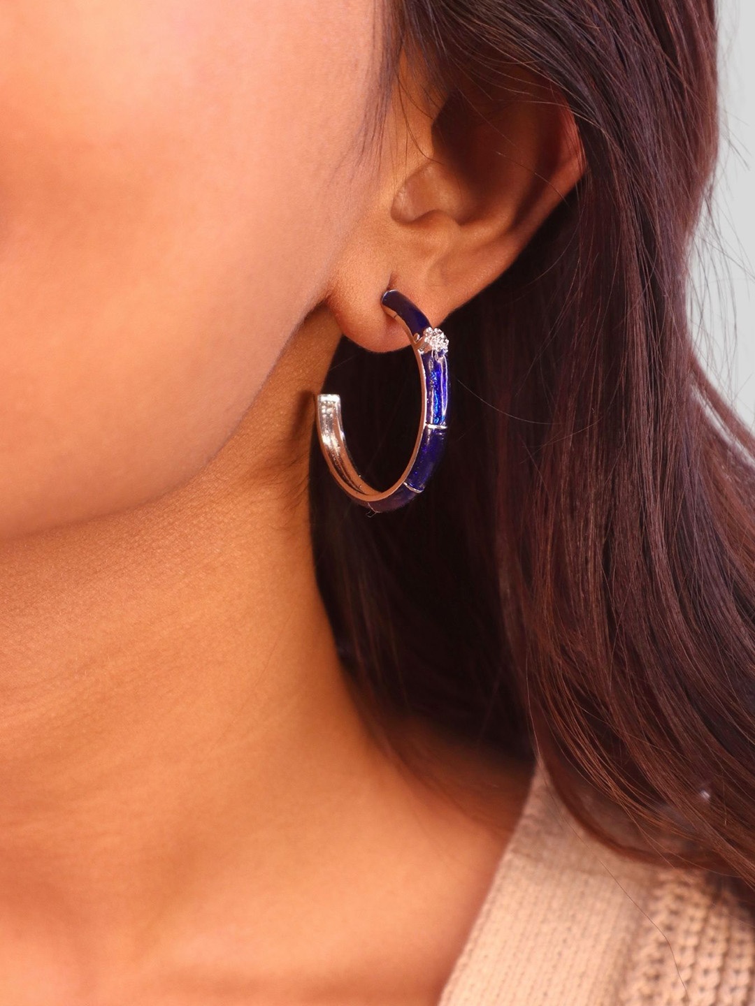 

House of Pehr Gold Plated Round Silver Stone Studded Royal Blue Hoop Earrings, Navy blue