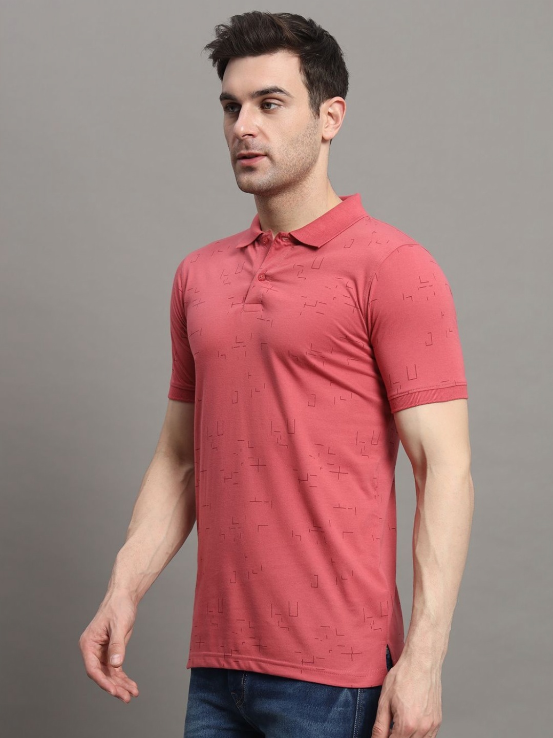 

MERRIMENT Men Printed Polo Collar T-shirt, Coral