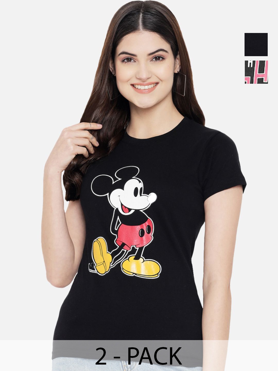 

Dreambe Women Pack Of 2 Mickey Mouse Graphic Printed Round Neck Cotton T-shirts, Black