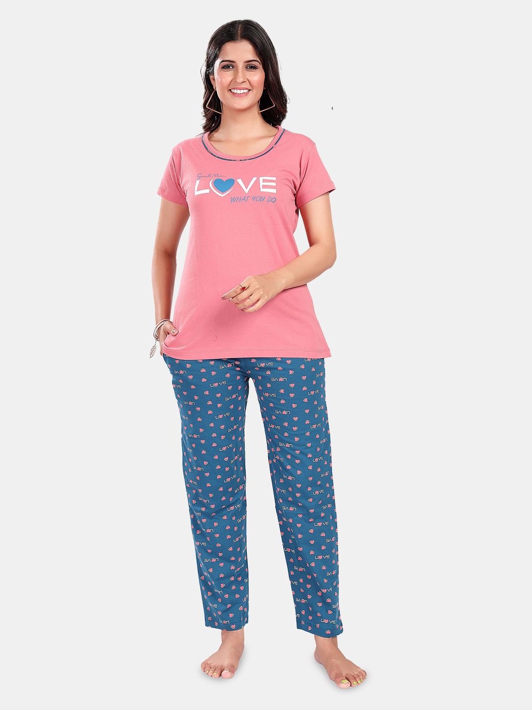 

SWEET MOON Printed Round Neck Night suit, Pink