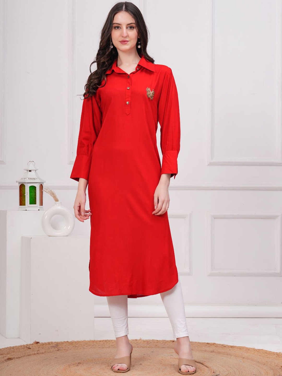 

KALINI Embellished Shirt Collar Straight Kurta, Red