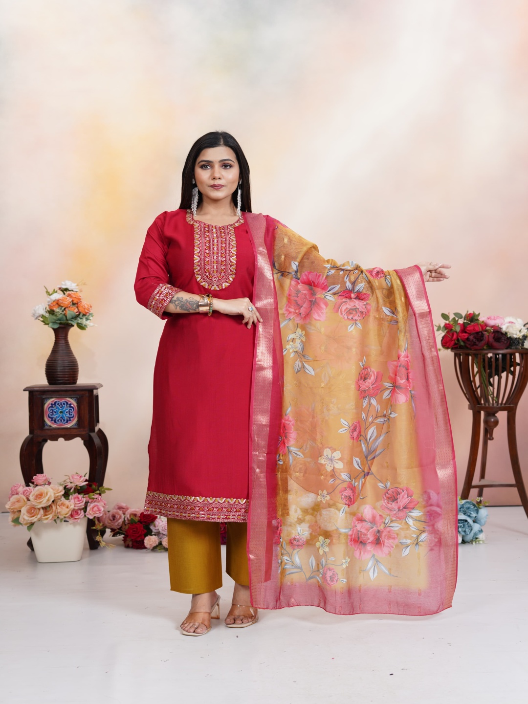 

Maheesha Floral Embroidered Round Neck Kurta With Trousers And Dupatta, Red