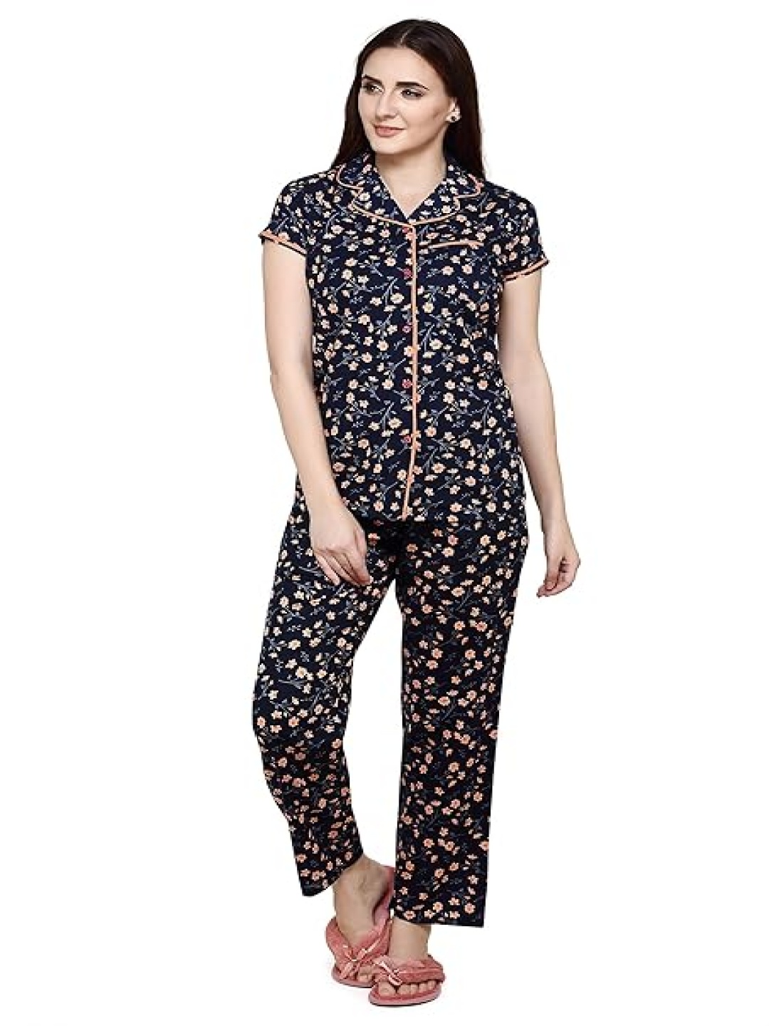 

evolove Women Floral Printed Lapel Collar Pure Cotton Night suit, Black