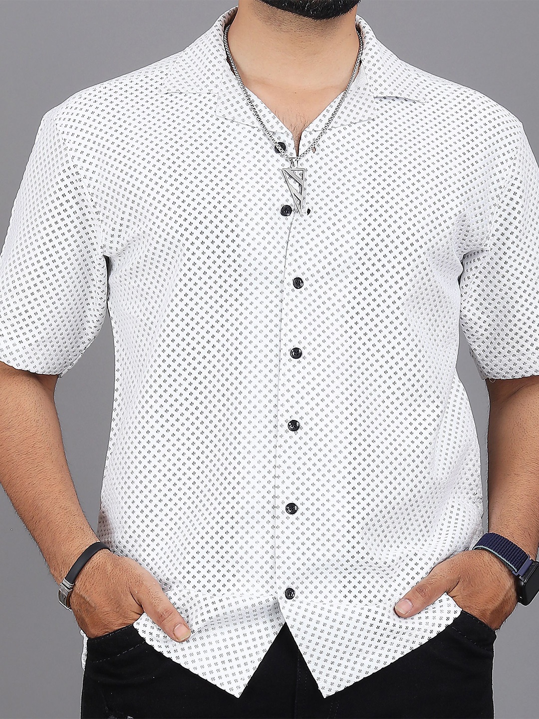 

INDICLUB Men Relaxed Fit Cuban Collar Textured Casual Shirt, White