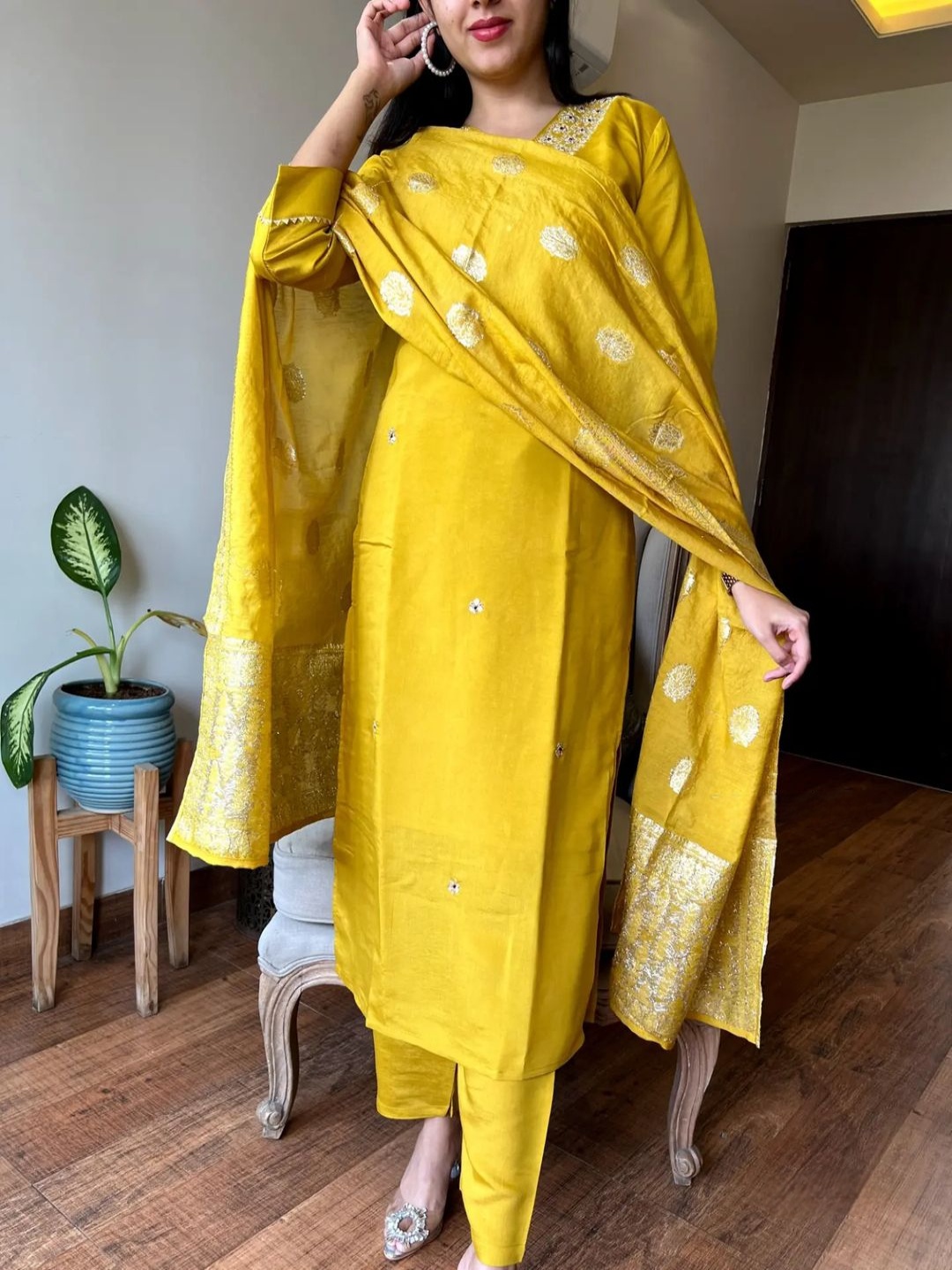 

KALINI Floral Embroidered V-Neck Straight Kurta With Pyjamas And Dupatta, Yellow