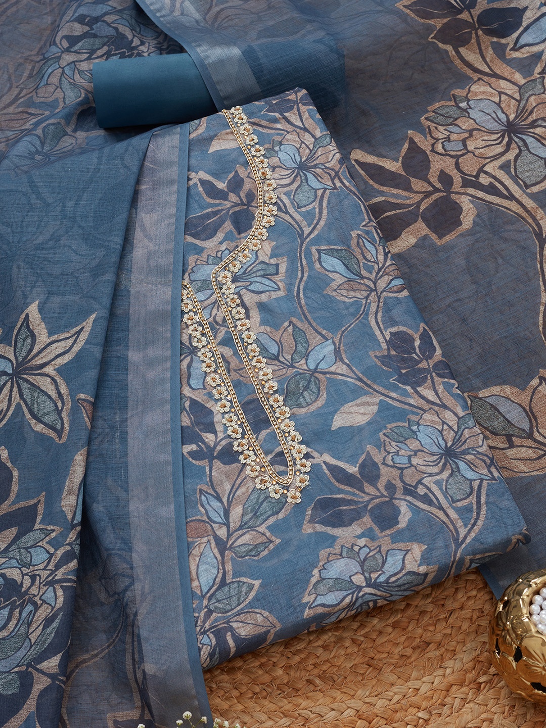 

Soch Floral Printed Beads And Stones Linen Unstitched Dress Material, Blue