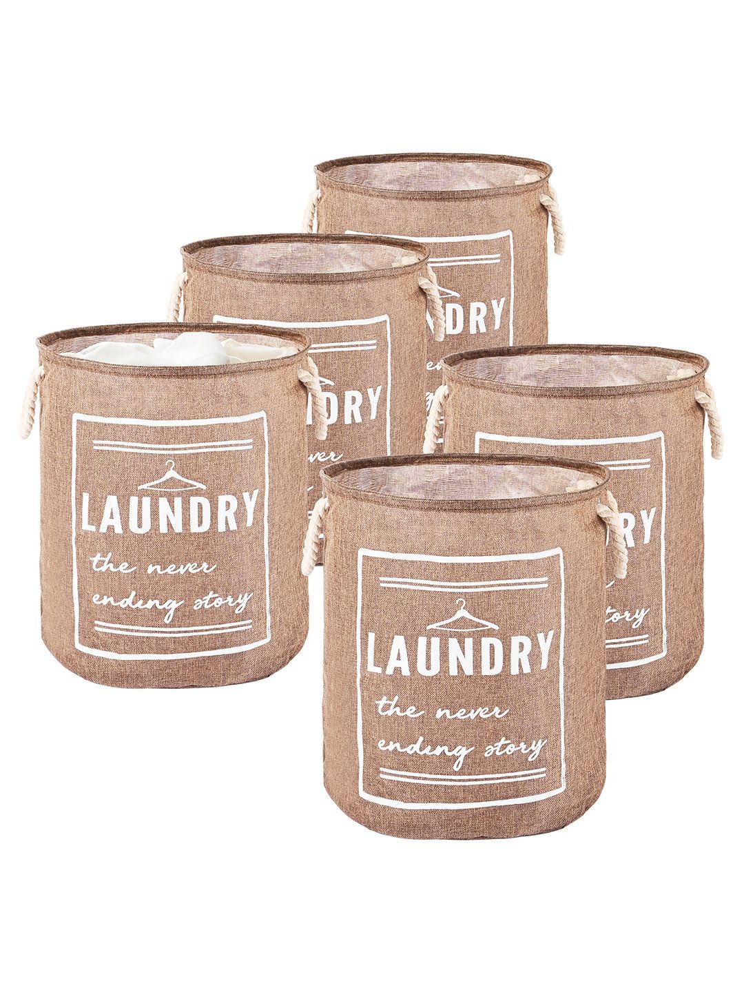 

Kuber Industries Brown & White 5 Pieces Printed Foldable Cloth Basket With Handle, Coffee brown