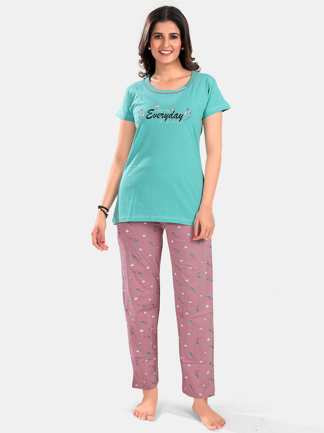 

SWEET MOON Printed Round Neck T-Shirt With Pyjama, Blue