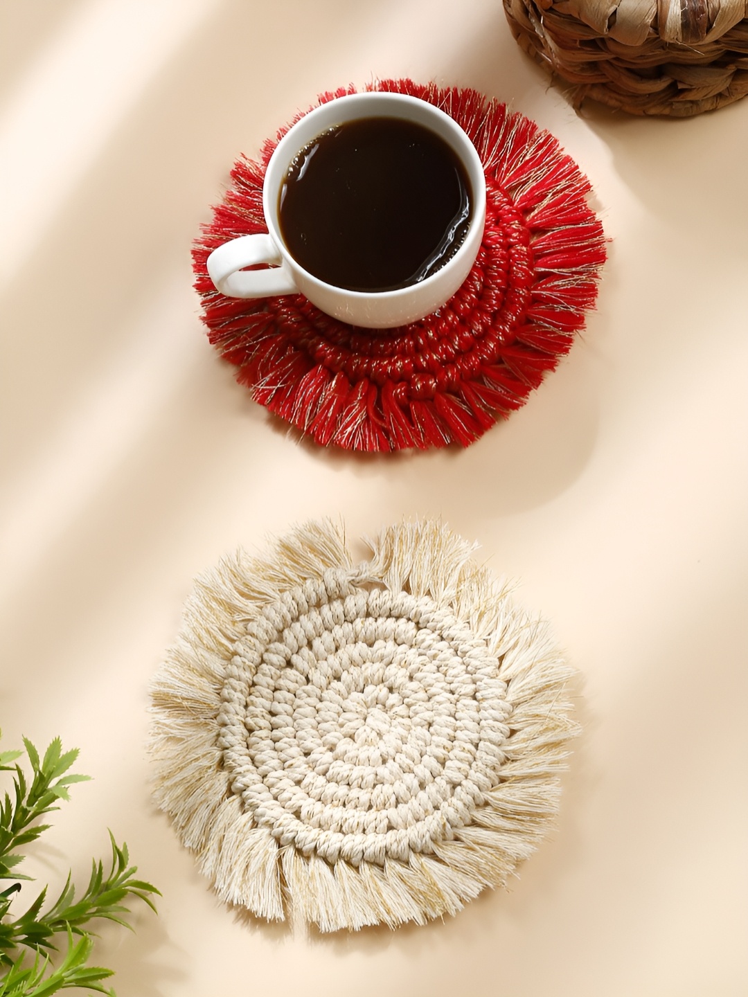 

My Creative Hut White & Red 2 Pieces Braided Bohomian Style Round Coasters