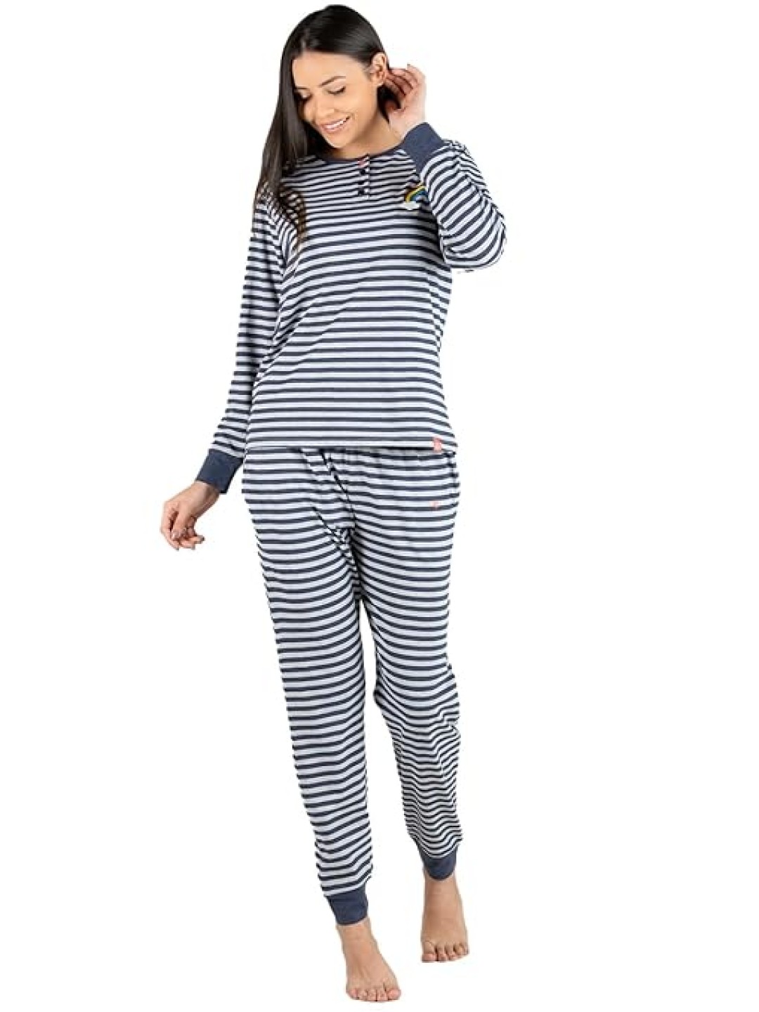 

evolove Women Striped Pure Cotton Night suit, Grey melange