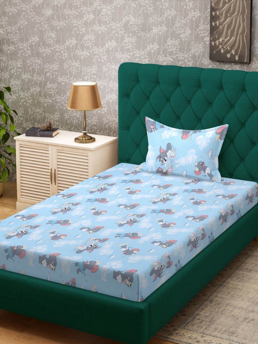 

KLOTTHE Blue & Grey Cartoon Printed Flat 400TC Cotton Single Bedsheet with Pillow Cover