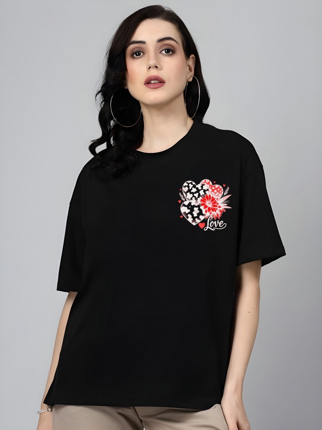 

SZN Women Graphic Printed Round Neck Cotton Oversized T-shirt, Black