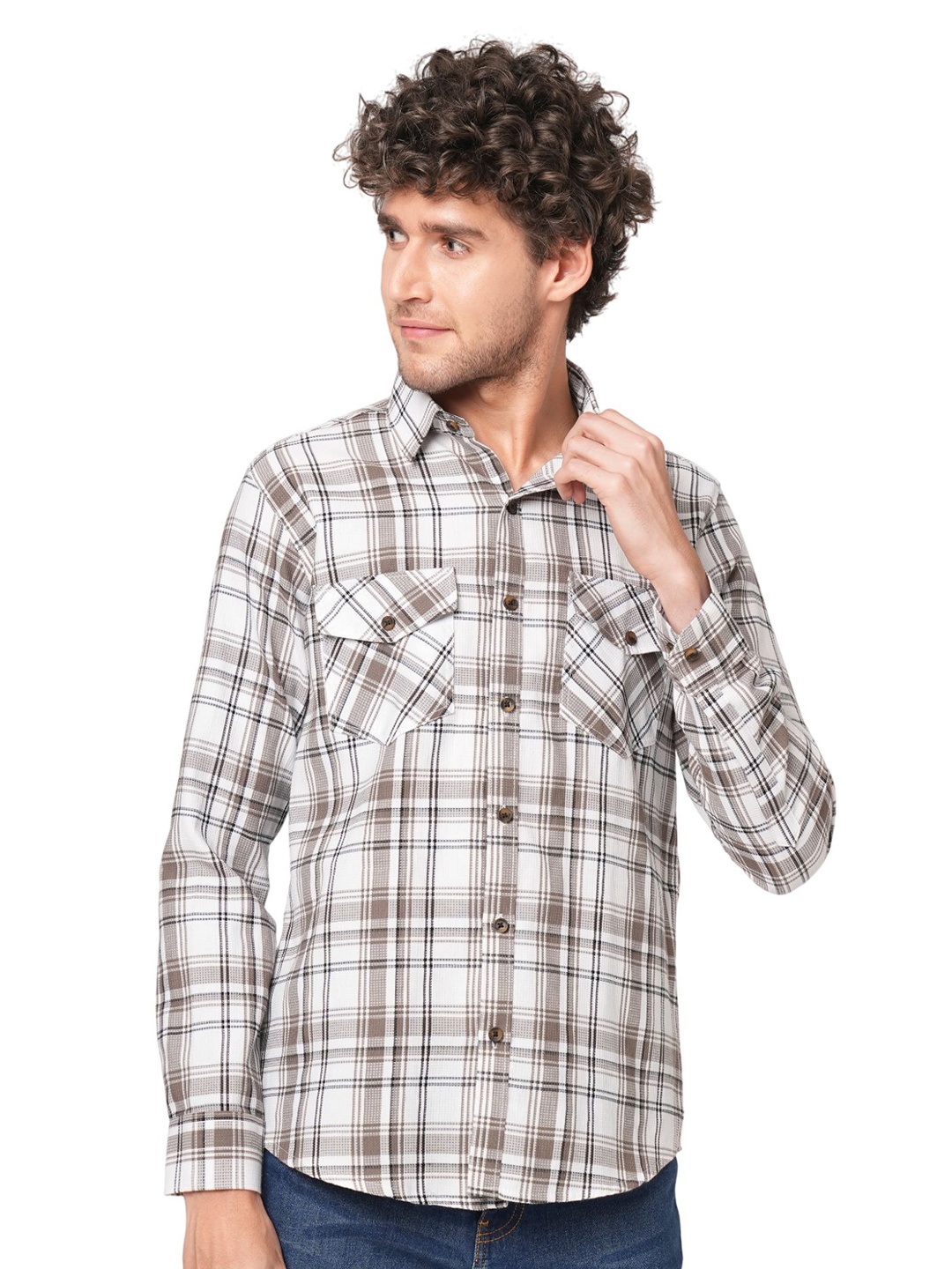 

TRYBUY.IN Men Standard Fit Spread Collar Tartan Checked Cotton Casual Shirt, White