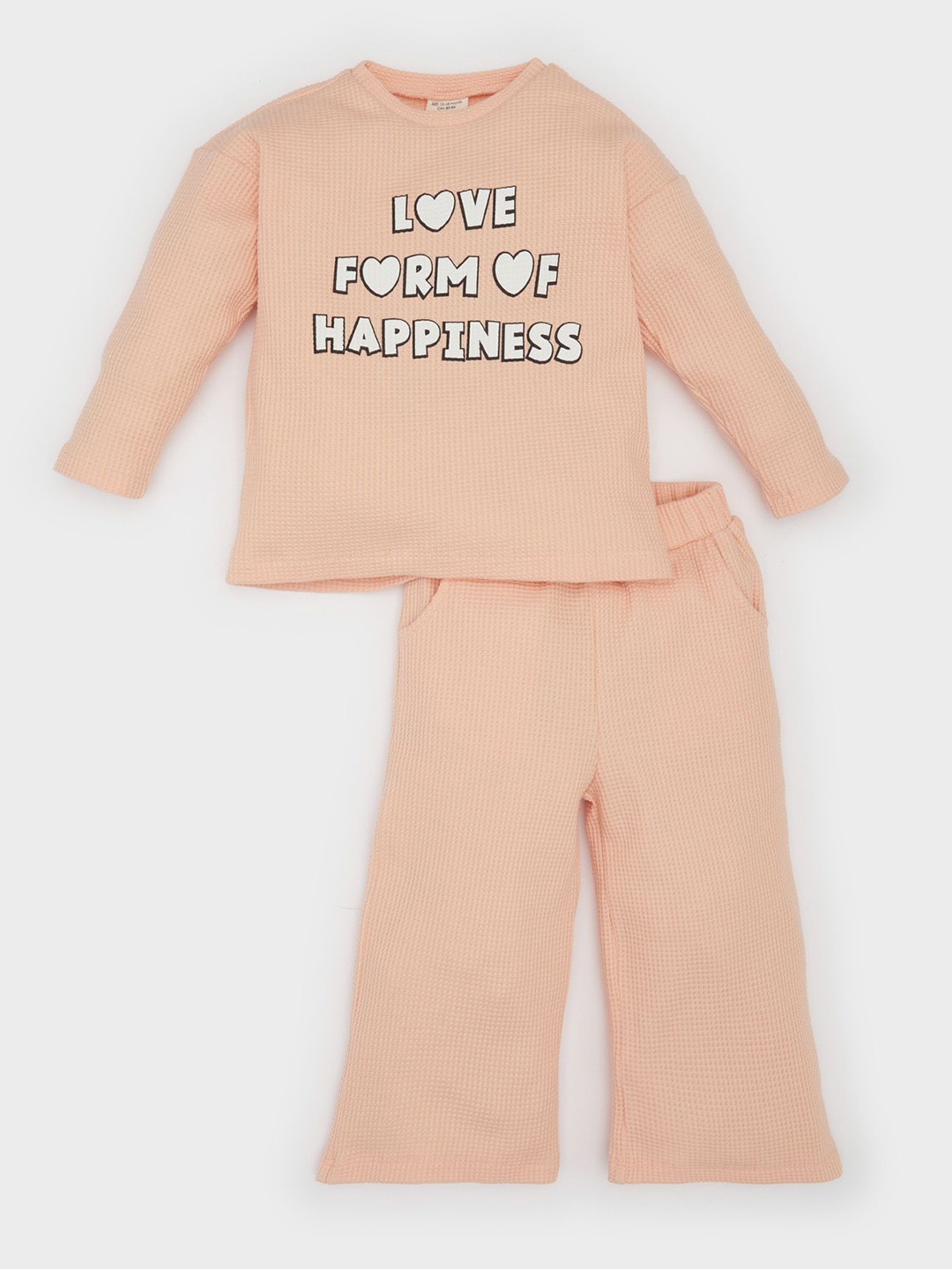 

DeFacto Girls Typography Printed Round Neck Pure Cotton Printed Top & Trousers, Peach