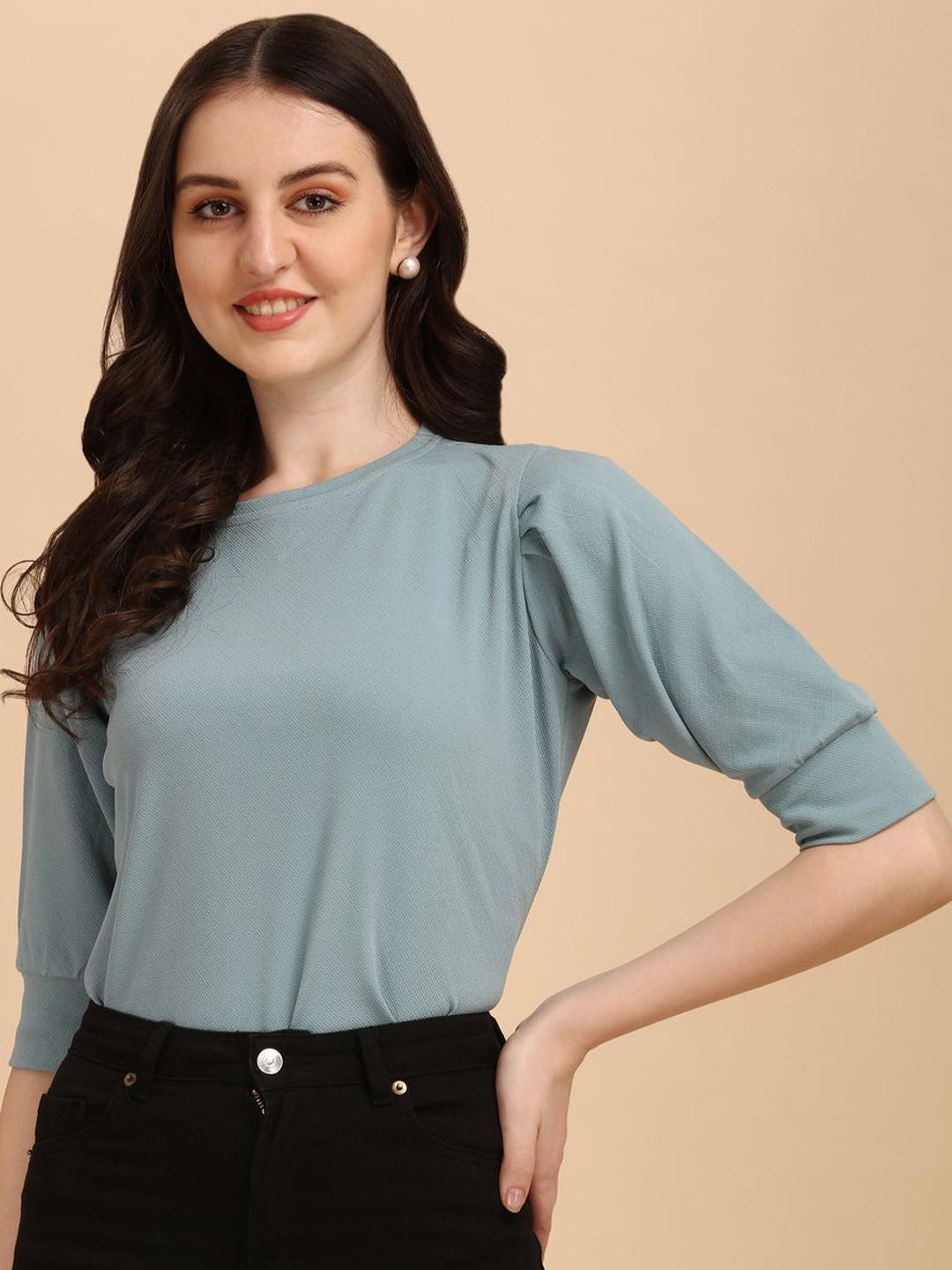 

CORSICA Women Round Neck Puff Sleeves Top, Grey