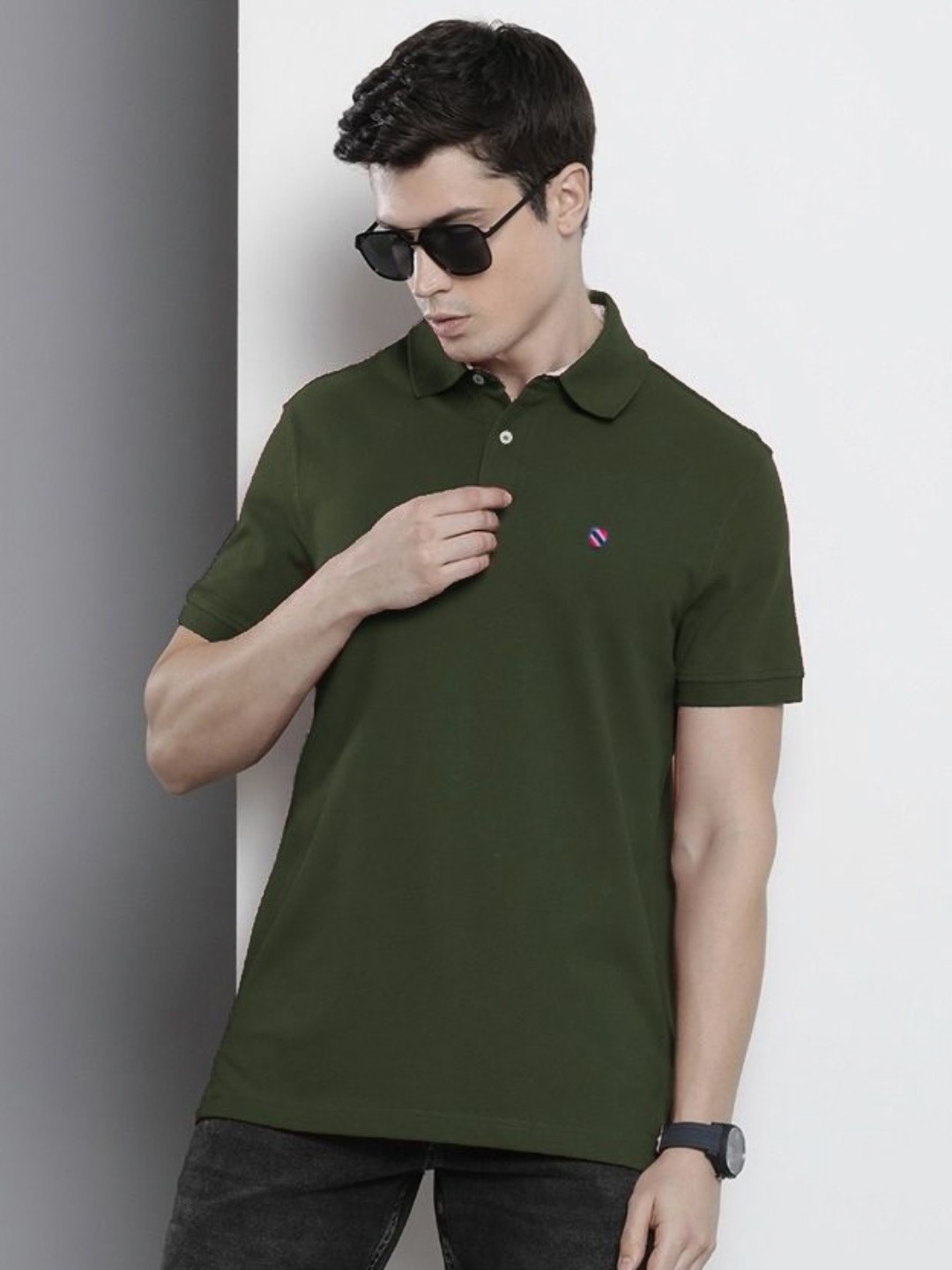 

MERRIMENT Men Solid Polo Collar Cotton T-shirt, Olive