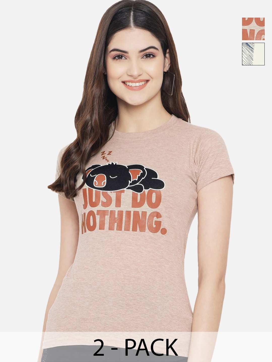 

Dreambe Women Pack Of 2 Graphic Printed Round Neck Cotton T-shirts, Beige