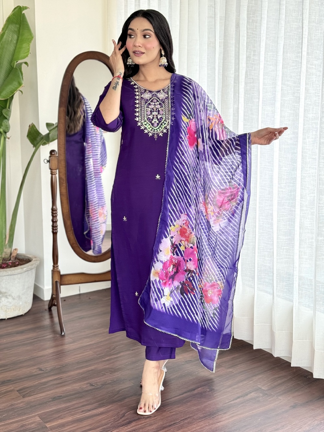 

BAESD Women Ethnic Motifs Embroidered Regular Kurta with Trousers & With Dupatta, Violet