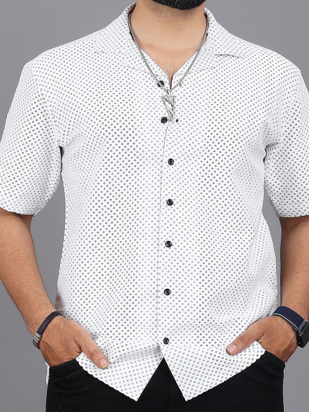 

INDICLUB Men Relaxed Fit Cuban Collar Textured Casual Shirt, White