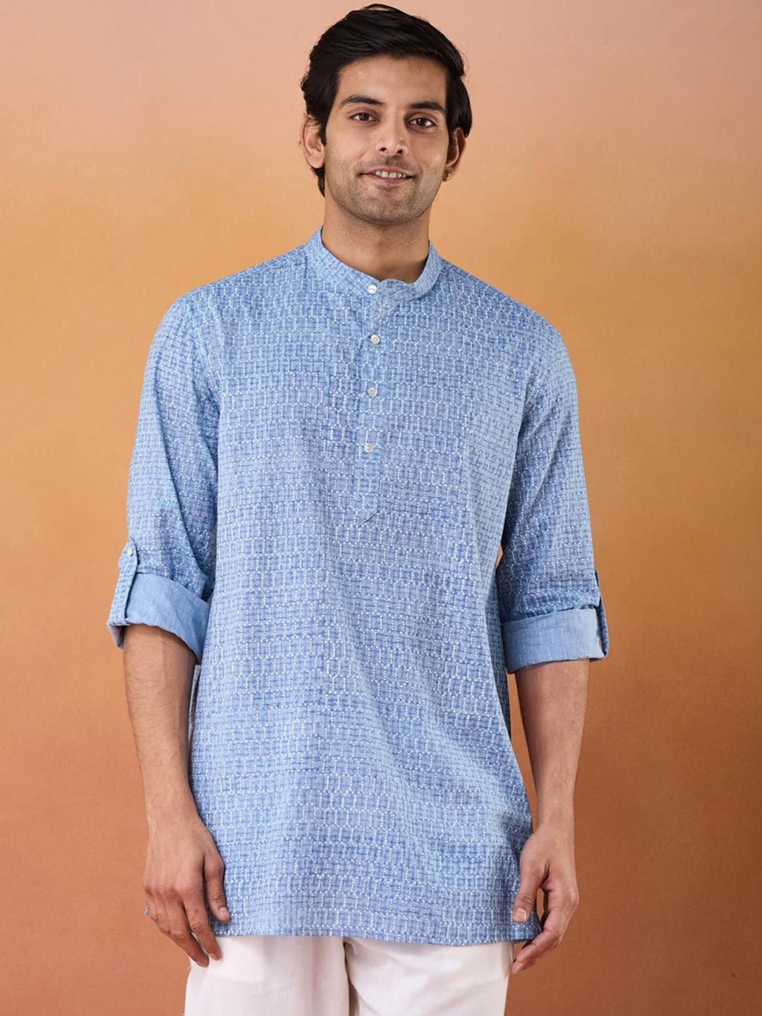 

Fabindia Abstract Printed Mandarin Collar Pure Cotton Straight Kurta, Blue
