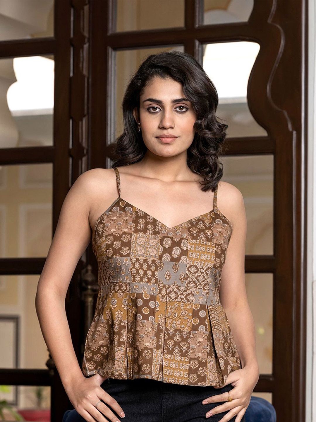 

CORSICA Women Printed Cotton Peplum Top, Brown